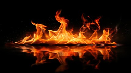 Fototapeta premium Vivid orange flames flicker fiercely against a deep black canvas, embodying the raw energy of fire's dance. 