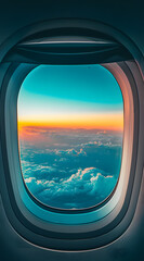 Mesmerizing sunset view from an airplane window with vibrant colors and serene clouds. Ideal for travel and aviation imagery, creating a tranquil atmosphere for viewers to appreciate