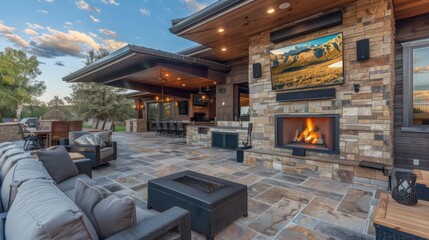 Ranch home with a spacious back patio that includes an outdoor fireplace and a surround sound system for movie nights