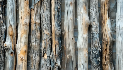 Fototapeta premium Wooden fence. Wooden trunks. Very old wood texture. A row of wooden posts. Wood texture. Wood trunk surface texture