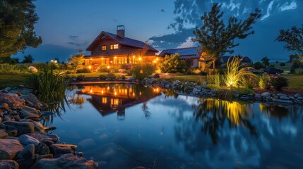 Fototapeta premium Suburban ranch at night, illuminated by landscape lighting, reflecting on a small decorative pond