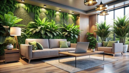 Cozy hotel lobby ambiance with sleek couch, lush green plants, and a laptop sitting alone, evoking a sense of modernity.