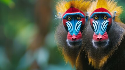  Two monkeys, one with blue and red markings on its face, the other with yellow stripes and blue markings