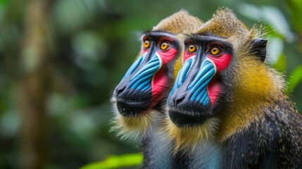  Two monkeys standing side by side atop a verdant forest canopy, teeming with trees and lush, green leaves