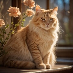 Vibrant feline subject posed against a luminous,  Soft, golden light dances across the cat's fluffy fur