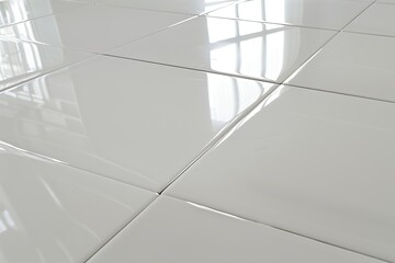 White tile floor background in perspective view. Clean, shiny symmetry grid line texture. Bathroom, kitchen and laundry room decor. Empty copy space for product display. Underfloor heating. Flooring