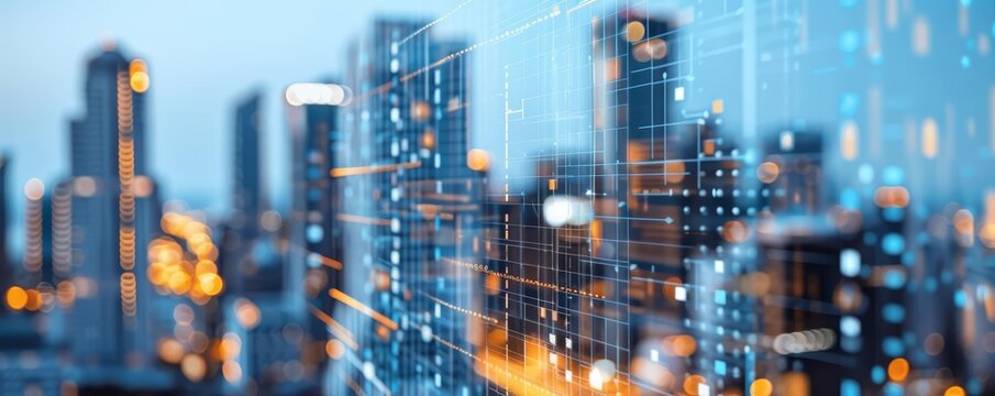 Real estate investments with digital overlay, financial investment, property assets