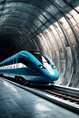 Abstract futuristic fast modern express passenger blue train moving on high speed monorail track...