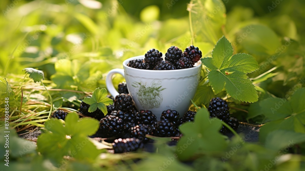 Poster A cup of blackberries in the grass