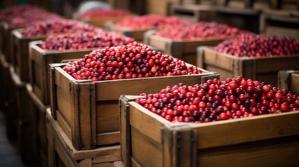Wooden crates filled with fresh red cranberries in a warehouse.