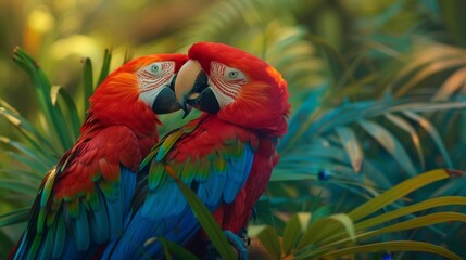 Obraz premium A few vibrant birds perch atop a lush green forest, its palm tree leaves dotting the verdant expanse Beneath them lies a field, similarly green and teem