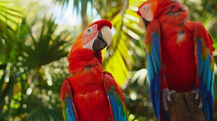 Obraz premium Red and blue parrots perch on a lush green palm-topped tree in a forest filled with foliage