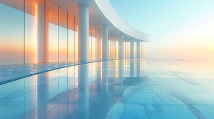 Fototapeta premium Modern Building with Tall Glass Panels Reflecting Sunrise/Sunset.