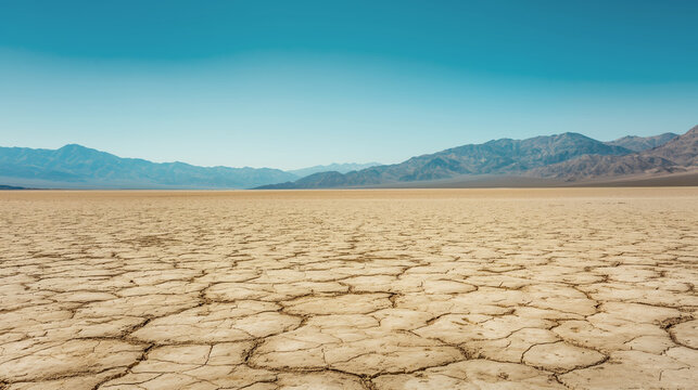 Expansive view of cracked desert floor with distant mountain ranges under clear blue sky. Stark beauty and harshness of arid environments and effects of prolonged drought