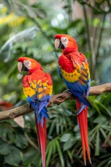 Fototapeta premium Two parrots, one red and one yellow, perch on a branch against a backdrop of lush tropical vegetation Trees and vibrant plants surround them