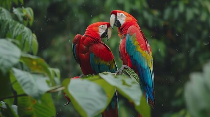 Obraz premium A few vibrant birds perch atop a verdant tree, adorned with numerous green leaves