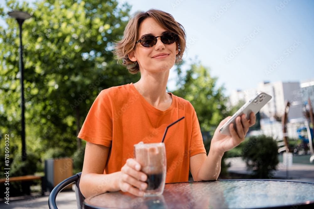 Sticker photo of shiny cute lovely girl dressed stylish clothes enjoying relax rest free time weekend mornin