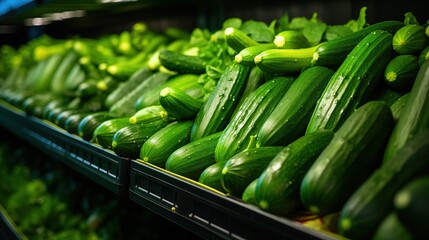 Fototapeta premium Fresh cucumbers on display in a grocery store, with water droplets on them, indicating freshness.