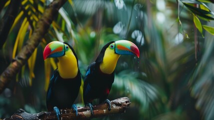 Naklejka premium Colorful birds perched on a tree branch against a backdrop of lush, green leaves in a forest setting