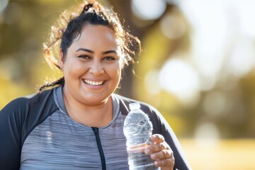Portrait of smiling young big size sport woman drinking water outdoor.