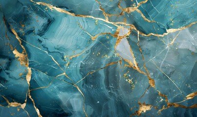 turquoise marble texture background with cracked gold details, Generative AI