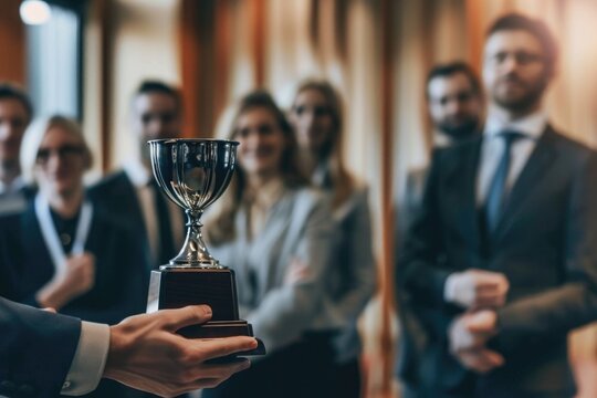 Ceremony. Young Business Team Celebrating Award Success at Business Project Competition Event