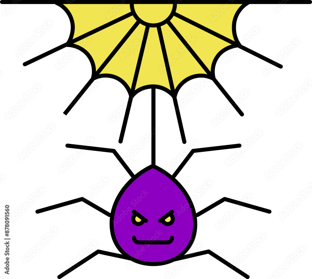 Poster scary spider web icon in purple and yellow color.