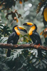 Fototapeta premium A couple of birds atop a tree branch, before a forest dense with numerous leaves