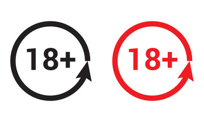 18 sign warning symbol isolated on white background, 18 plus, censored, eighteen age older adult content black and red colors vector illustration. EPS 10