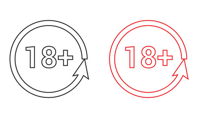 18 sign warning symbol isolated on white background, 18 plus, censored, eighteen age older adult content black and red colors vector illustration. EPS 10