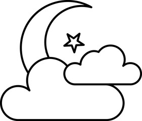 Crescent Moon Night Sky Icon in Black Line Art.