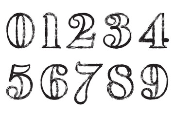Hand drawn grunge vector numbers. Dirty textured font. Black ink characters isolated on white background. Dirty painted numbers set. Dry brush texture. Typography vector elements