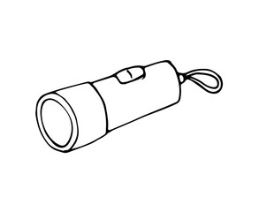 Flashlight in doodle style. Hand-drawn pocket portable lantern. Camping tool. Isolated on white.
