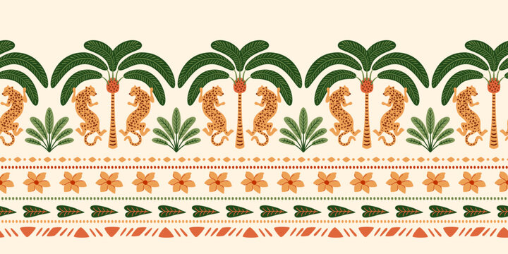 Tropical palm tree and Asian leopard horizontal long seamless border. Cute jungle repeat ethnic oriental ornament, hand drawn wild animal under the coconut Indian decorative design. Vector beach print
