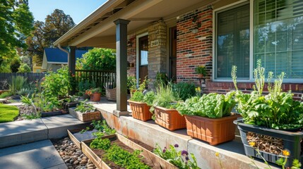 Suburban ranch with a front porch that includes a series of biodegradable planters, each growing seasonal vegetables and herbs for home use