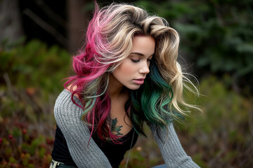 Naklejka premium Gorgeous Young Woman with Multi-Colored Hair Smiling Outdoors in Natural Light