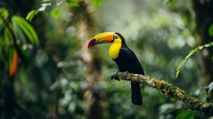 Fototapeta premium A vibrant toucan perches on a tree branch, surrounded by a lush tropical rainforest Green and yellow foliage predominates