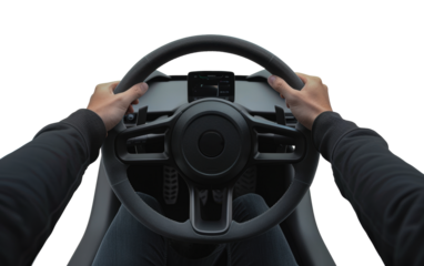 Close up of hands on a modern car steering wheel, cut out - stock png.