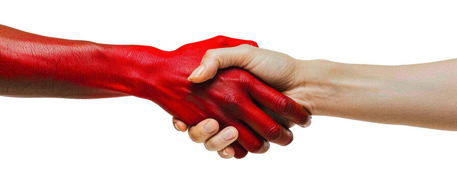 Two hands shaking, one painted red, cut out - stock png.