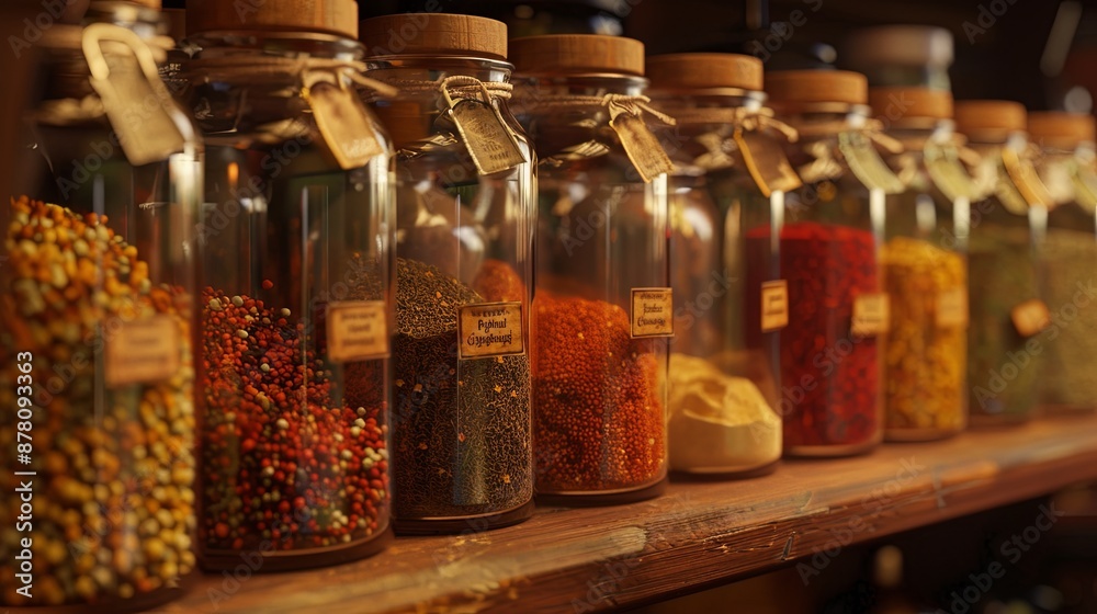 Poster close-up of glass jars filled with various spices, neatly arranged on a wooden shelf. the jars have 