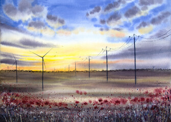 Hand-painted watercolor field at sunset. Watercolor sunset landscape. Watercolor field with power lines and windmills.