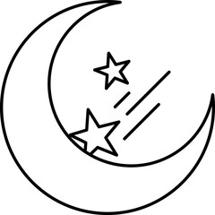 Crescent moon with stars icon in black line art.