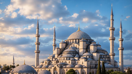 Obraz premium the Hagia Sophia mosque in Istanbul, Turkey, with six tall minarets, a large central dome, and a sunset sky.