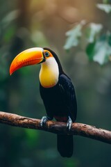 Fototapeta premium bright yellow and black beak against a green, leafy background