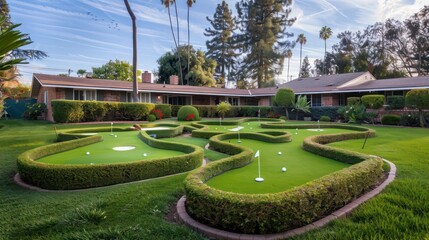 Suburban ranch with a front yard that features a professionally landscaped miniature golf course