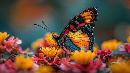 Obraz premium A beautifully detailed butterfly with vibrant orange, yellow, and black wings perched on colorful flowers. The background is softly blurred enhancing the butterfly and flowers.