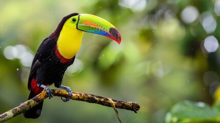 Fototapeta premium A toucan in vibrant colors perches on a tree branch during the rain Surrounding are trees and leaves with a soft, blurred backdrop