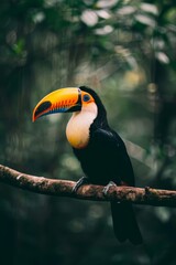 Naklejka premium A toucan perches on a tree branch against a lush forest backdrop, teeming with trees and foliage