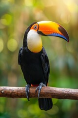 Fototapeta premium A toucan perched on a tree branch against a blurred backdrop of trees and foliage
