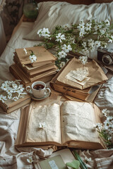  brown kraft paper, white flowers and vintage writing spread